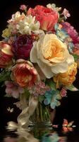 Vibrant bouquet of peonies and assorted flowers against a dark background with delicate butterflies photo