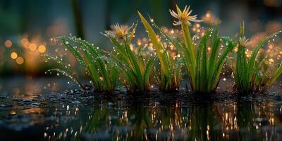 Delicate flowers with water droplets shining in soft light create a serene atmosphere at dawn near a tranquil pond photo