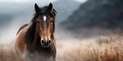 Majestic brown horse standing in a misty field at dawn with rolling hills in the background photo