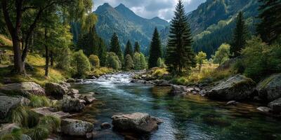 Mountain river flows through a lush forest with towering trees and rocky banks on a cloudy day photo