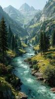 Majestic mountain landscape with a winding river flowing through lush greenery during a sunny day photo