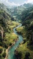 Majestic river flows through lush green valleys surrounded by rugged mountains under a clear sky in a peaceful landscape photo
