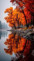 Vibrant autumn foliage reflecting on a calm river at dawn in a tranquil lakeside setting photo