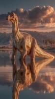 Dinosaur standing by tranquil water at sunset with mountains in the background and reflections in the water photo