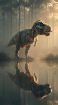 Dinosaur standing in misty forest by a reflective pond at dawn capturing the essence of prehistoric life photo