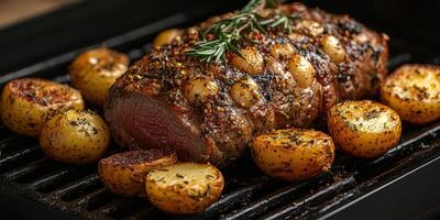 Juicy roasted meat with seasoned potatoes on a grill in a cozy kitchen setting photo