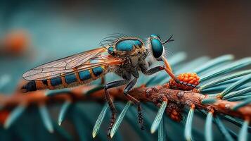 Close-up view of a colorful fly feeding on a pine cone in a forest setting during the early morning photo