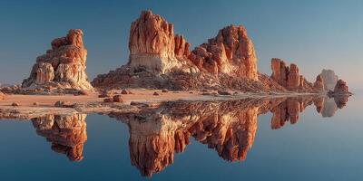 Stunning reflection of towering rock formations at sunrise in a serene landscape photo