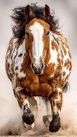 Majestic horse gallops through sandy terrain on a bright day, showcasing its speed and strength in the wild photo