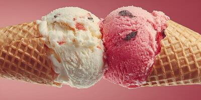 Ice cream cones featuring vanilla and strawberry flavors in a vibrant pink background at a desserts festival photo