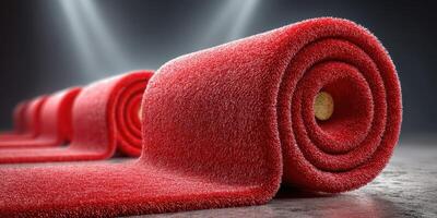Rolling red carpets prepared for a glamorous event in a well-lit setting with dramatic lighting effects enhancing the ambiance photo