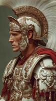 Roman soldier in ornate armor with detailed decorations and plume standing proudly against a simple background photo