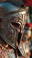 Detailed close-up of an ornate Roman soldier's helmet during a historical reenactment event in a vibrant setting at sunset photo