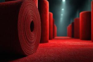 Red carpet rolls arranged in a large warehouse during daylight with soft lighting effects photo