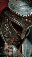 Detailed depiction of a warrior in ancient armor showcasing craftsmanship and battle-worn features in a dark setting photo