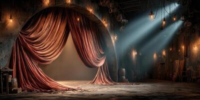 Dramatic interior of a vintage theater stage with warm light illuminating curtain and rustic decor photo
