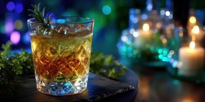 Elegant cocktail with herbs showcased on a rustic table surrounded by soft candlelight and colorful bokeh at night photo