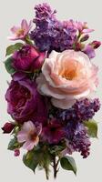 Colorful bouquet of peonies and lilacs arranged with care in a soft light setting, highlighting the beauty of spring flowers inside a cozy room photo