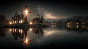 Majestic illuminated cross beside ancient church reflecting in calm lake under starry night sky photo