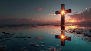 Serene sunset over a reflective cross in a tranquil landscape by the water's edge at dusk photo