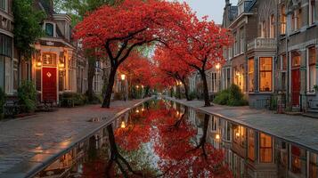 Vibrant autumn trees line a tranquil street reflected in the calm waters at twilight in a charming neighborhood photo