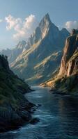 Majestic mountain landscape with tranquil river flowing through valleys at sunset photo