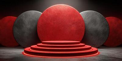 Red and black circular stage design set in a dark environment for an artistic presentation or performance photo