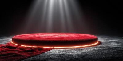 Circular red stage illuminated by beams of light in a dark setting, ready for a performance or event photo