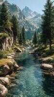 Serene mountain river flows through lush greenery under a clear blue sky on a sunny day photo