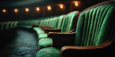 Elegant green theater seats create an inviting atmosphere in a historic venue during an evening performance photo
