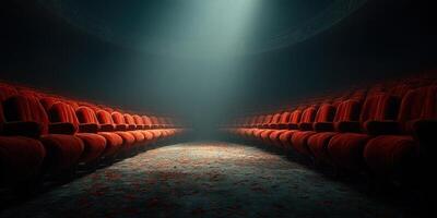 Empty theater with red velvet seats illuminated by soft light creating a dramatic atmosphere photo