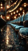 Elegant blue chairs arranged in a historic theater during a quiet evening performance photo