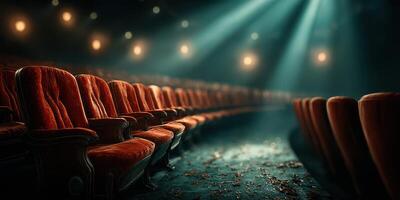 Empty vintage theater seats illuminated by soft lights create a nostalgic atmosphere during a quiet evening performance photo