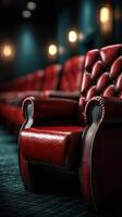 Luxurious red leather seating in a stylish movie theater environment during evening hours photo