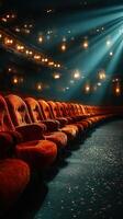 Elegant red chairs in a theater illuminated by soft light during a performance at night photo