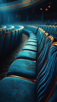 Elegant blue velvet theater seats arranged in curved rows inside a grand performance venue during evening hours photo