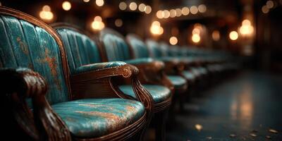 Vintage wooden chairs with teal upholstery arranged in a dimly lit theater setting during an evening performance photo