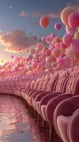Colorful pink chairs and balloons create a festive atmosphere at sunset near a reflective water surface photo