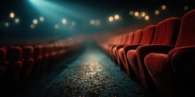 Empty theater seats illuminated by soft light create a nostalgic atmosphere of anticipation for the next performance photo
