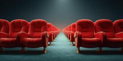 Empty red theater seats create a dramatic atmosphere for upcoming movie showings at the cinema late in the evening photo