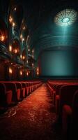 Elegant vintage theater interior with red velvet seats and intricate architecture illuminated by soft light photo