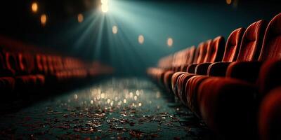 Empty theater seats await audience arrival for a performance, with scattered popcorn and dim lighting creating a nostalgic ambiance photo