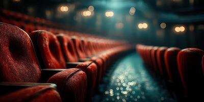 Empty red velvet theater seats create an atmosphere of anticipation in an elegant auditorium at dusk photo