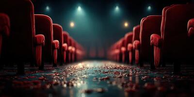 Rows of empty red chairs in a dimly lit theater with scattered leaves on the floor and soft lighting at night photo