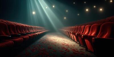 Elegant theater interior with red chairs and soft lighting creating a dramatic atmosphere for a performance event photo