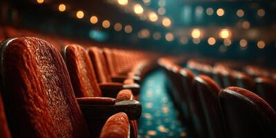 Empty theater seats illuminated by warm lights create a cozy atmosphere before the show begins in the evening photo