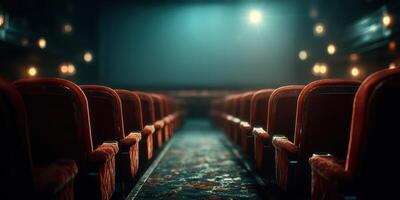 Empty theater ready for the next film screening with warm lighting and classic decor photo