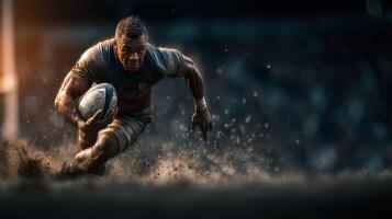 Rugby player sprinting towards the try line during a match, showcasing athleticism and determination in a dynamic atmosphere photo