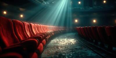 Rows of empty red theater seats illuminated by soft light in an abandoned venue highlighting the beauty of nostalgia and stillness photo