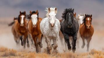 Herd of horses galloping across a dusty landscape during golden hour in a serene wilderness area photo